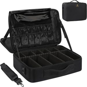 MONSTINA Large Makeup Case, 3 Layers Makeup Bag Cosmetic Organizer Brush Bag Barber Train Case Makeup Artist Box for Hair Curler Hair Straightener Brush Set and Cosmetics
