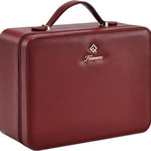 Faquenc Leather Makeup Case with LED Lighted Mirror 11.4 Inch Travel Makeup Bag Adjustable Brightness in 3 Colors Cosmetic Organizer Artist Storage Bag with Dividers Brush Holder Bag Vanity Red