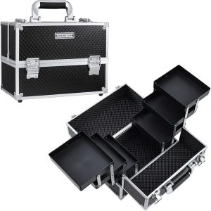 FRENESSA Makeup Train Case Makeup Case 11.8 Inch Large Cosmetic Box Organizer Travel Storage Professional Make Up Train Carrying Case with 6 Trays Locking Hard Vanity Storage Black